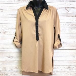 🍀4/$10 Truth NYC Tan & Black Professional Blouse